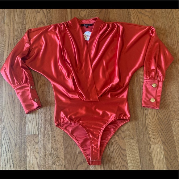Satin Surplice Plunge Neck Bodysuit size M - Picture 9 of 16
